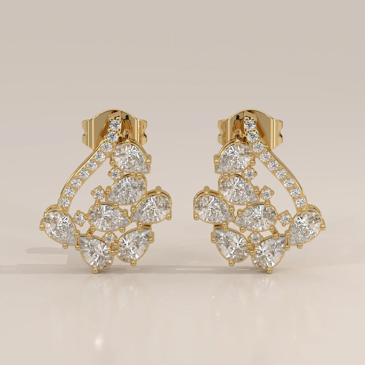 Front View: Pear Diamond Stud Earrings with Cluster Setting in Yellow Gold – Lab Grown – Driona Jewels