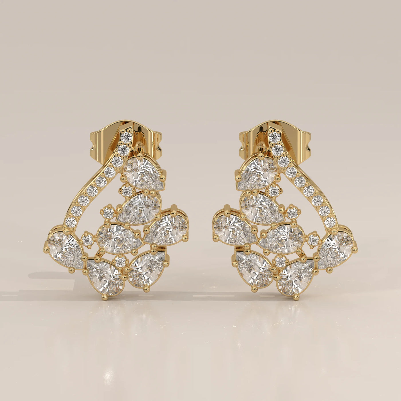 Front View: Pear Diamond Stud Earrings with Cluster Setting in Yellow Gold – Lab Grown – Driona Jewels