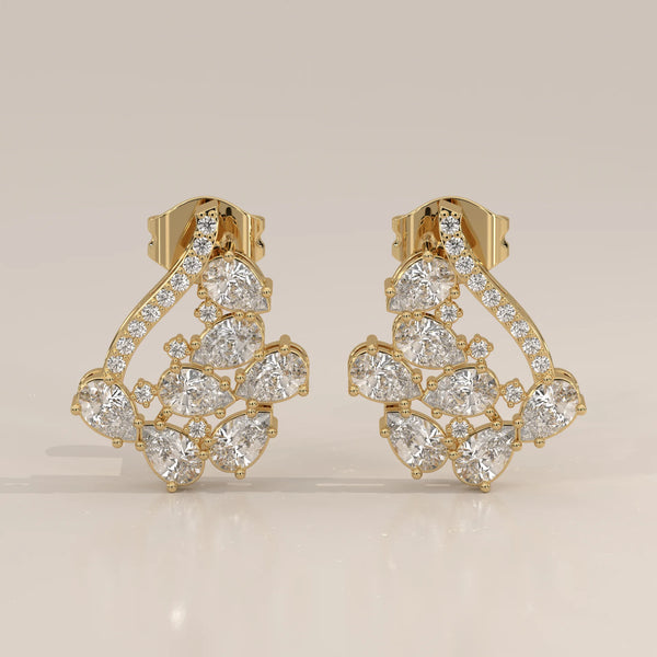 Front View: Pear Diamond Stud Earrings with Cluster Setting in Yellow Gold – Lab Grown – Driona Jewels