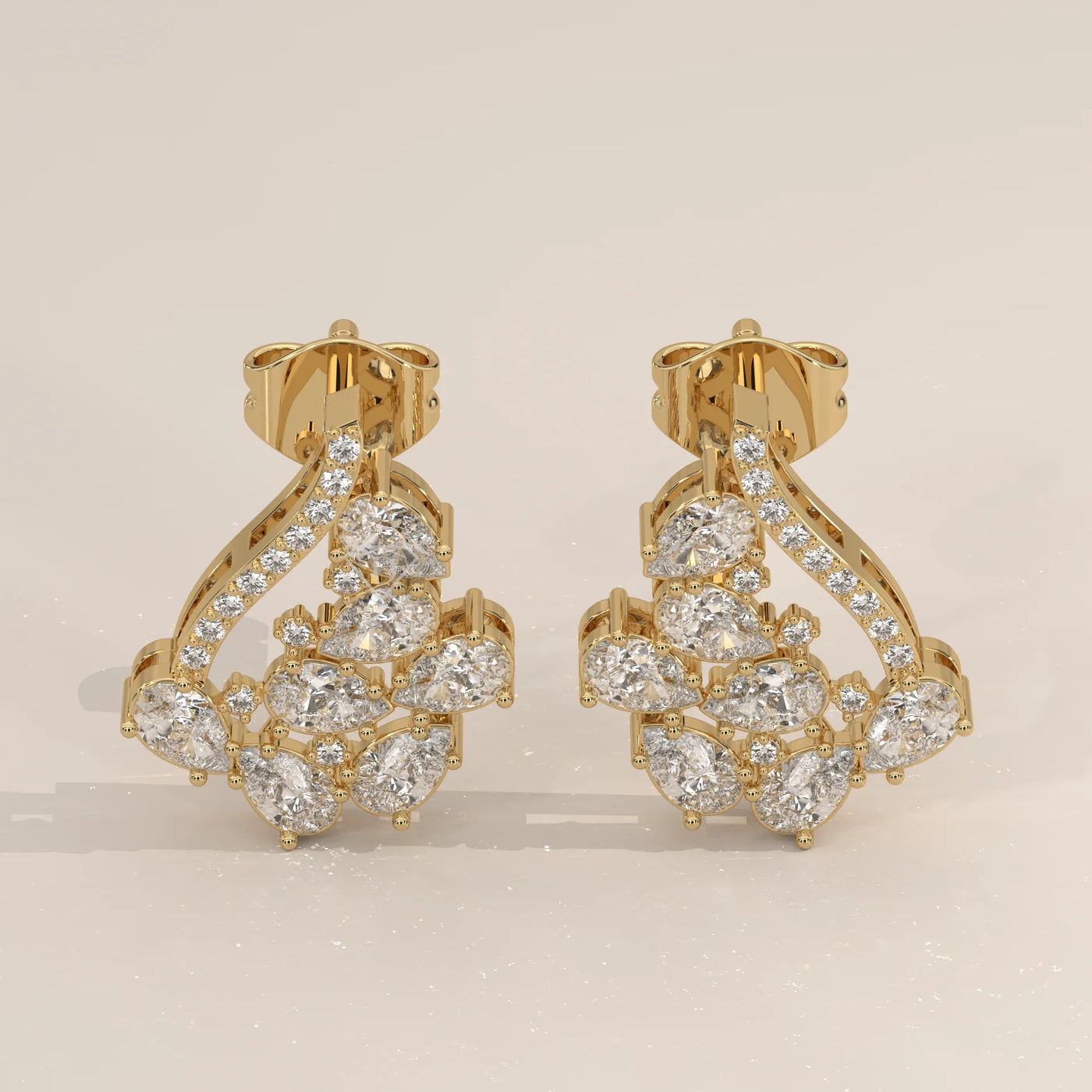 Pair Front View: Pear Diamond Stud Earrings with Cluster Setting in Yellow Gold – Lab Grown – Driona Jewels