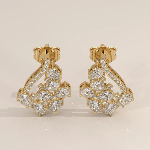 Pair Front View: Pear Diamond Stud Earrings with Cluster Setting in Yellow Gold – Lab Grown – Driona Jewels