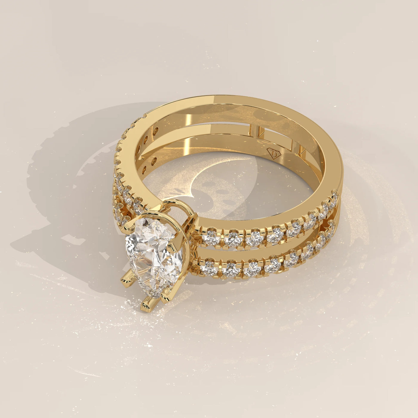 Angle View: Pear Diamond Ring with Pavé Setting in Yellow Gold – Lab Grown – Driona Jewels