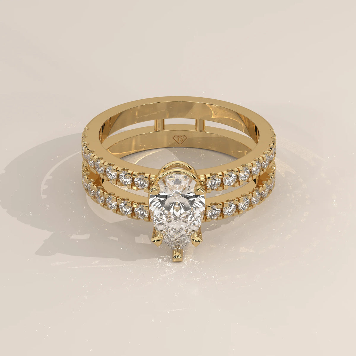 Three-Quarter View: Pear Diamond Ring with Pavé Setting in Yellow Gold – Lab Grown – Driona Jewels