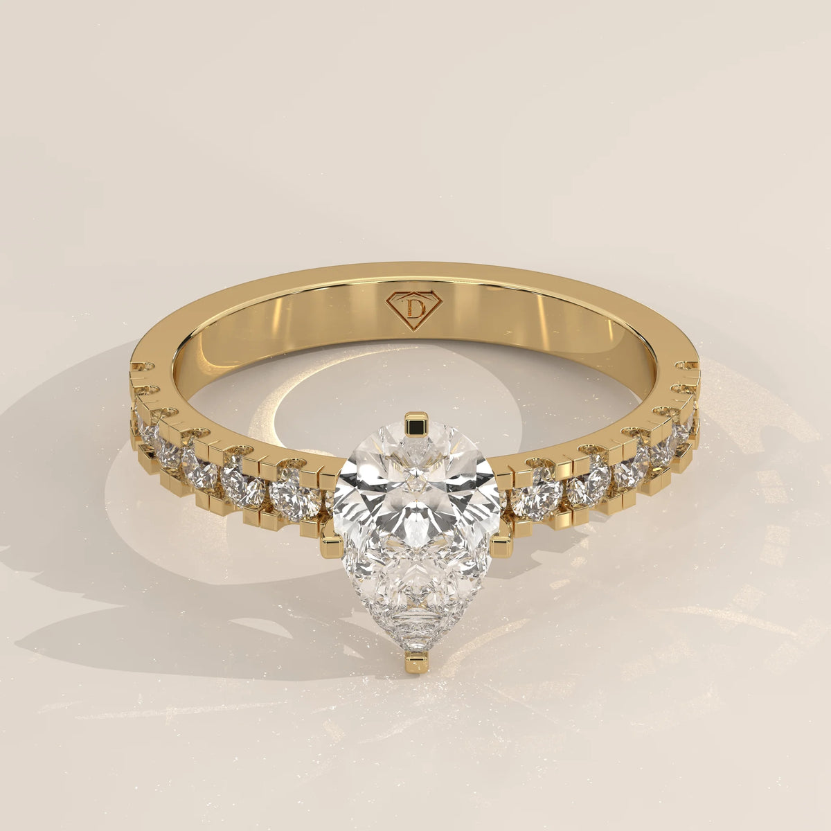 Three-Quarter View: Pear Diamond Engagement Ring with Pavé Setting in Yellow Gold – Lab Grown – Driona Jewels
