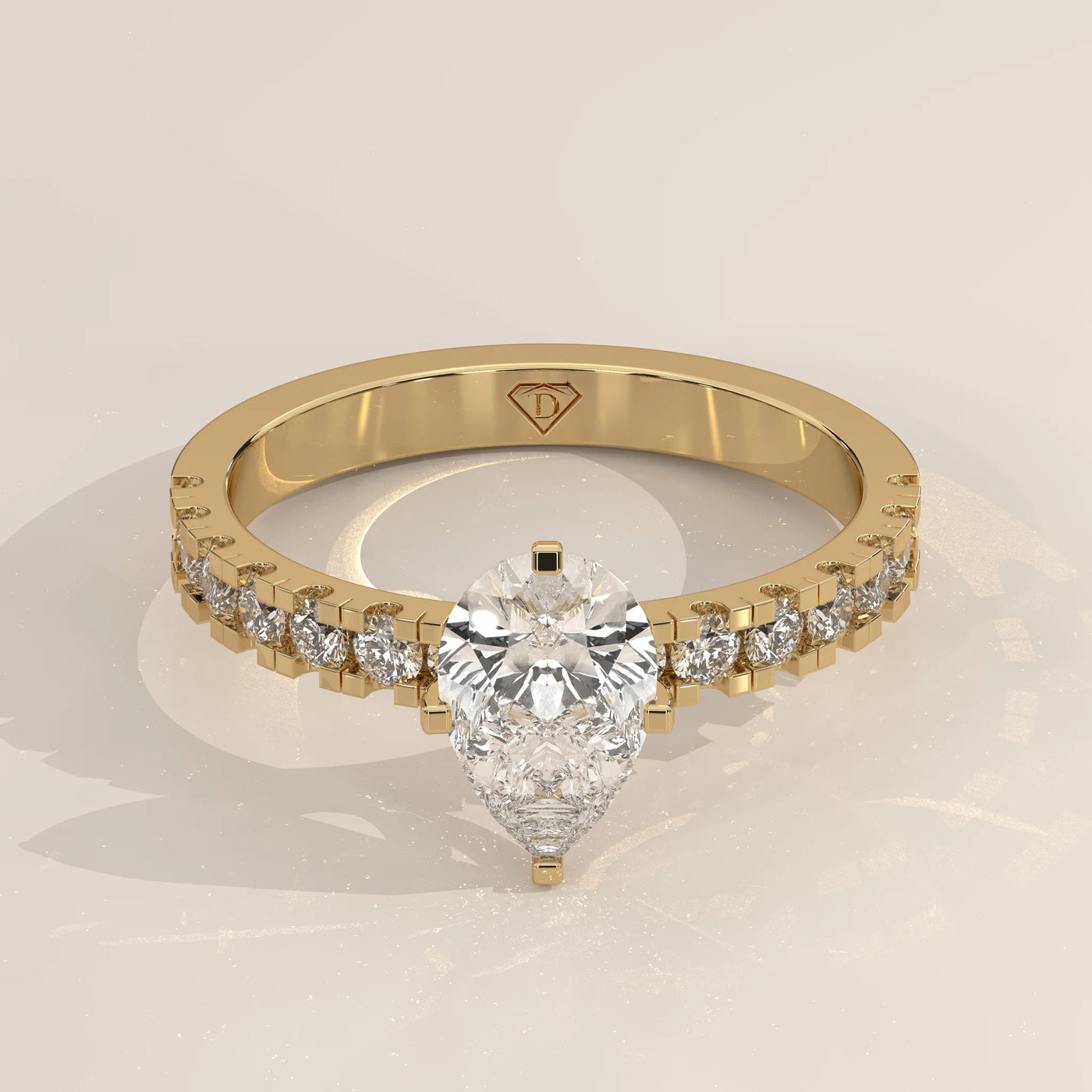 Three-Quarter View: Pear Diamond Engagement Ring with Pavé Setting in Yellow Gold – Lab Grown – Driona Jewels