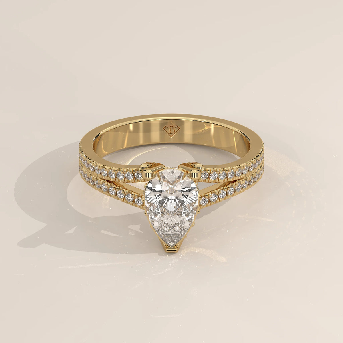 Three-Quarter View: Pear Diamond Engagement Ring with Pavé Setting in Yellow Gold – Lab Grown – Driona Jewels