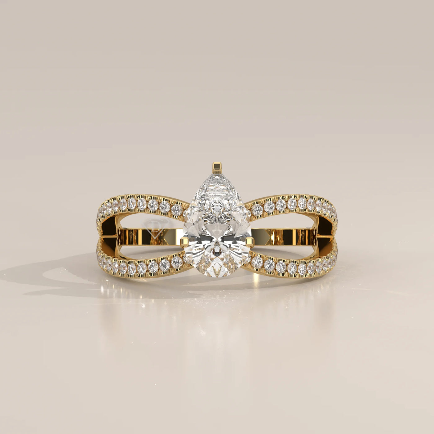 Side Profile: Pear Diamond Ring with Split Shank Setting in Yellow Gold – Lab Grown – Driona Jewels