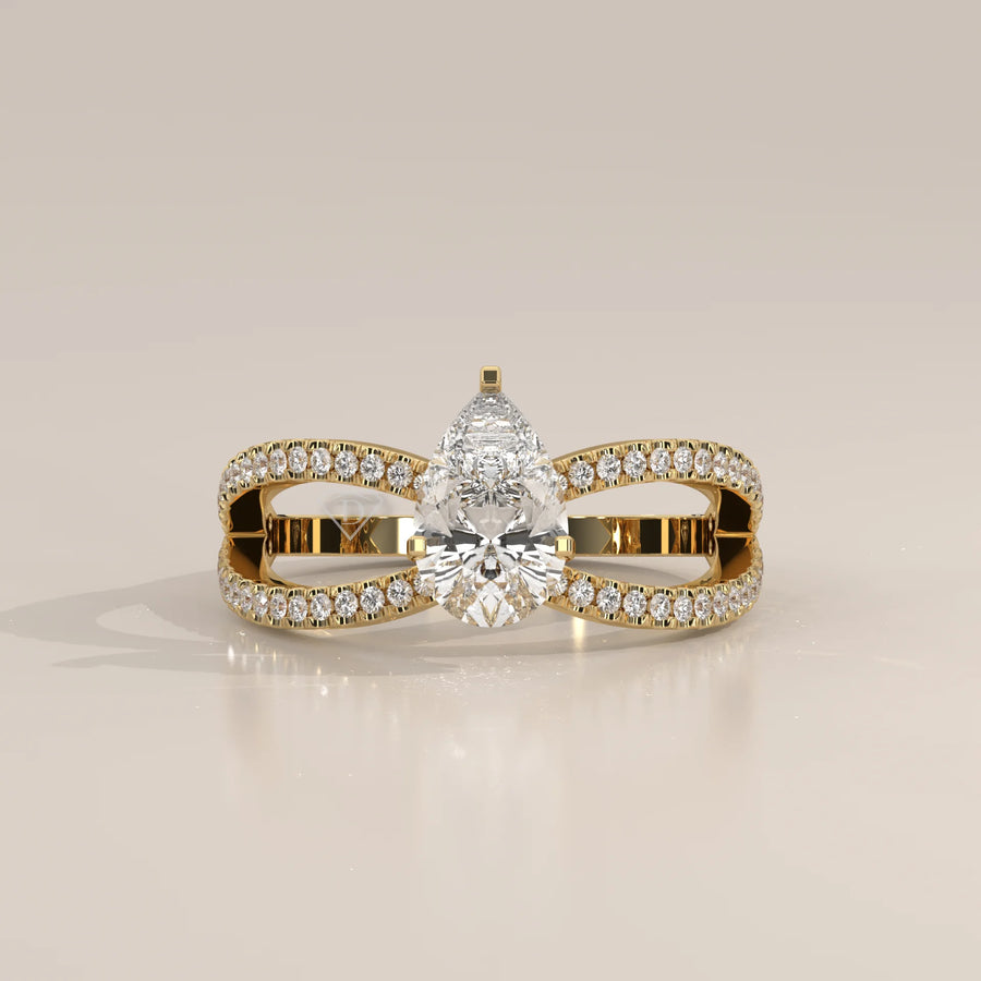Side Profile: Pear Diamond Ring with Split Shank Setting in Yellow Gold – Lab Grown – Driona Jewels