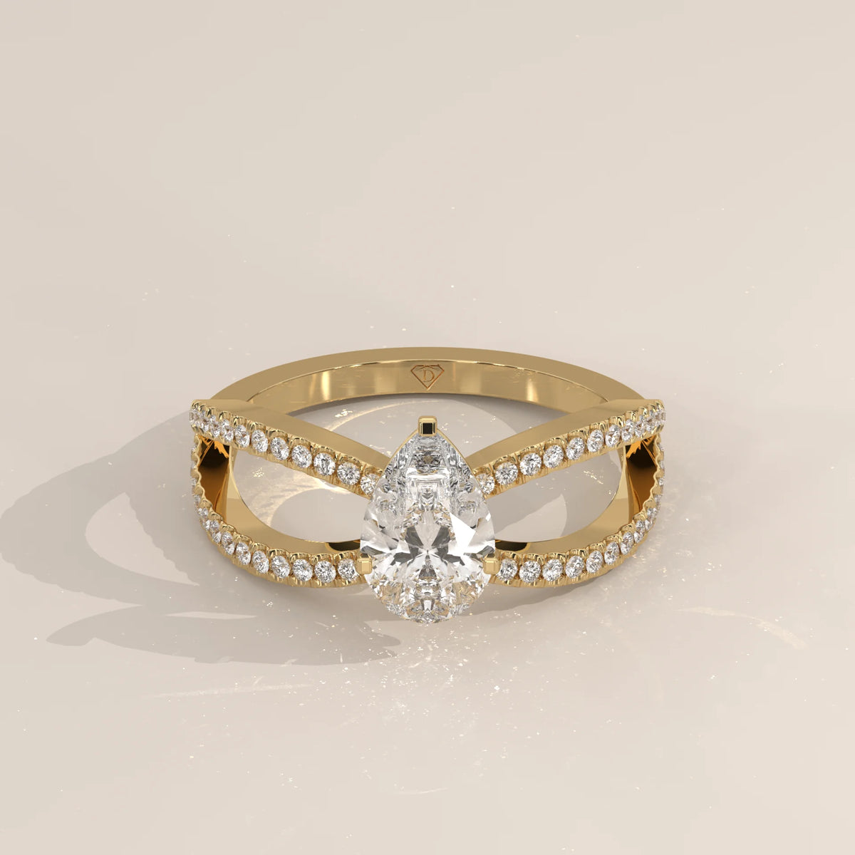 Three-Quarter View: Pear Diamond Ring with Split Shank Setting in Yellow Gold – Lab Grown – Driona Jewels