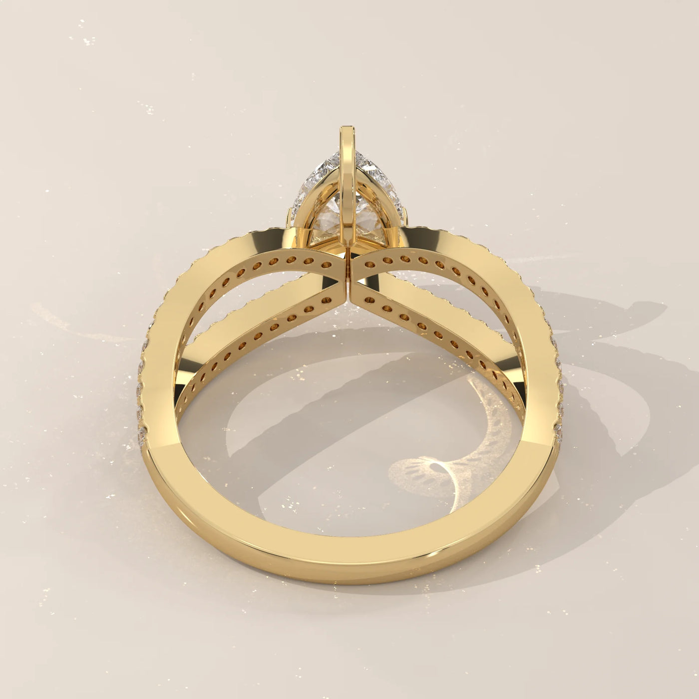 Top View: Pear Diamond Ring with Split Shank Setting in Yellow Gold – Lab Grown – Driona Jewels