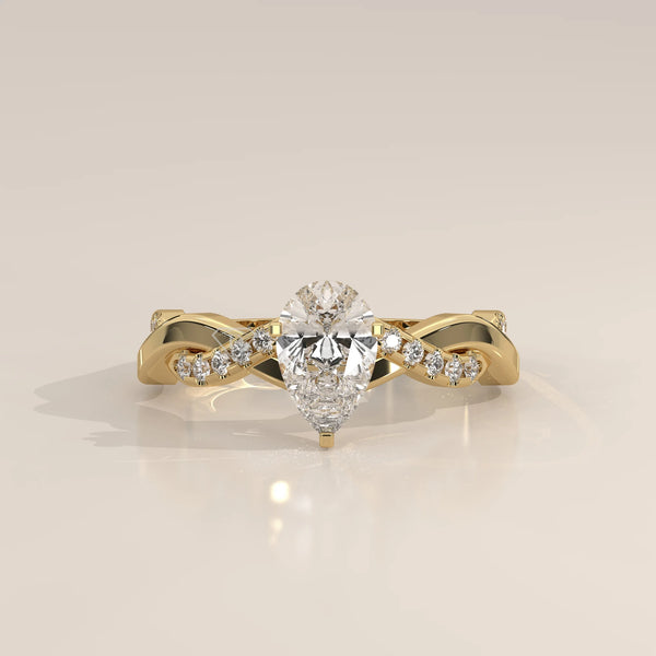 Side Profile: Pear Diamond Engagement Ring with Twisted Setting in Yellow Gold – Lab Grown – Driona Jewels