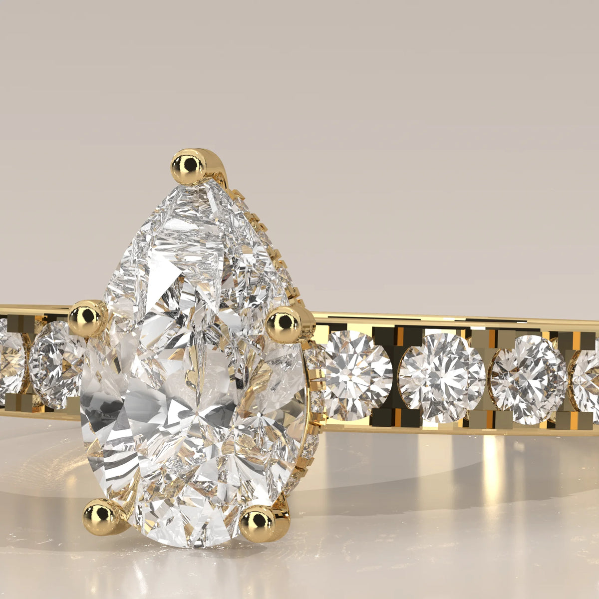 Pear Lab Grown Diamond Solitaire on a Wide Bold Pave Band in yellow gold, shown on a plain background.