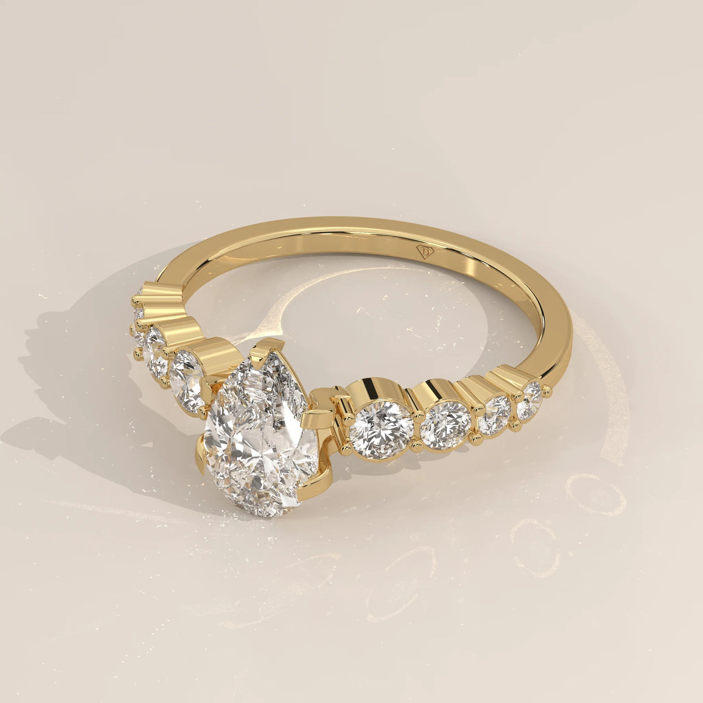 Angle View: Pear Diamond Engagement Ring with Prong Setting in Yellow Gold – Lab Grown – Driona Jewels