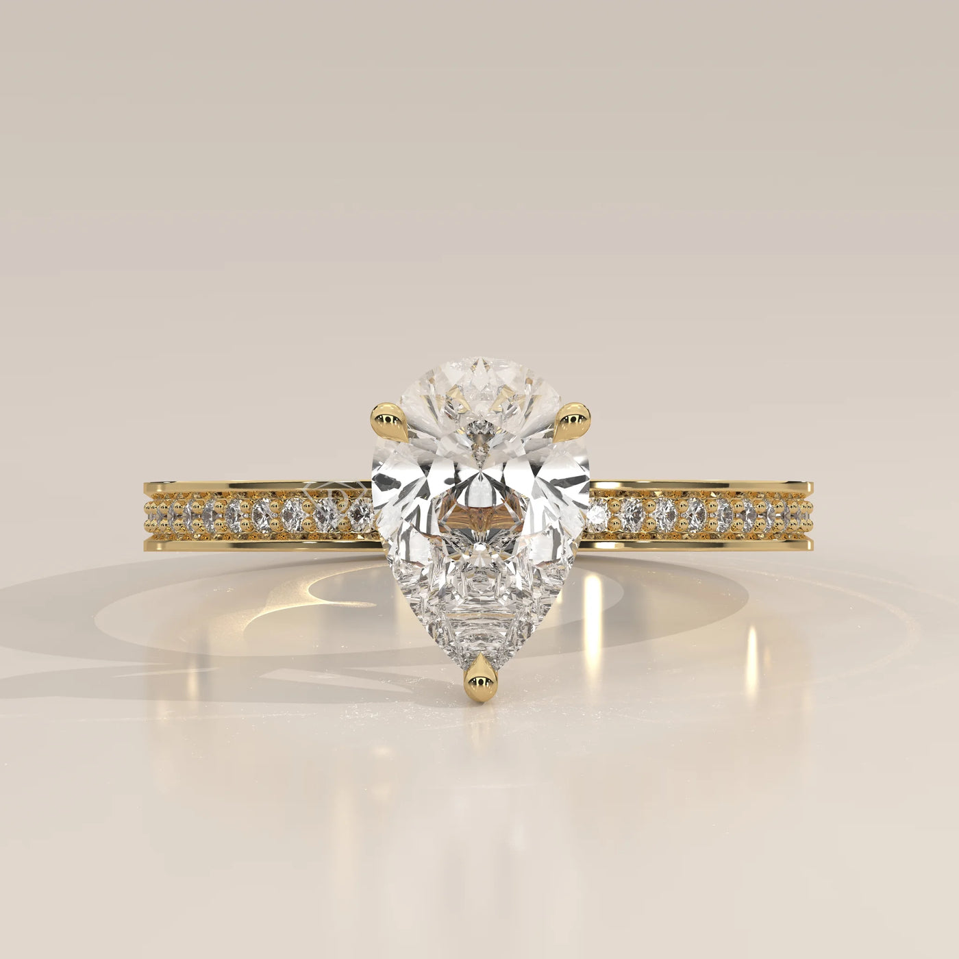 Side Profile: Pear Diamond Engagement Ring with Solitaire Setting in Yellow Gold – Lab Grown – Driona Jewels