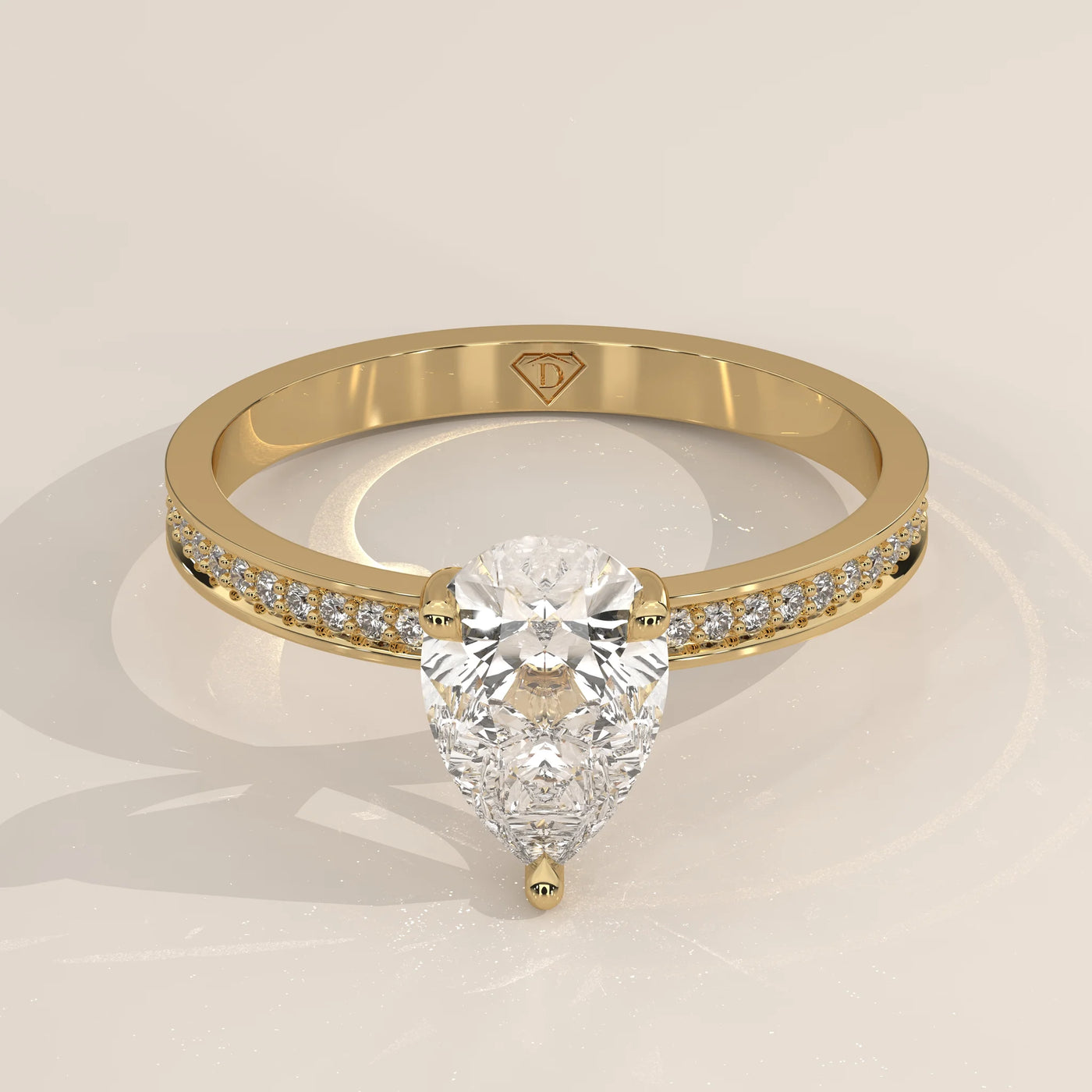 Three-Quarter View: Pear Diamond Engagement Ring with Solitaire Setting in Yellow Gold – Lab Grown – Driona Jewels