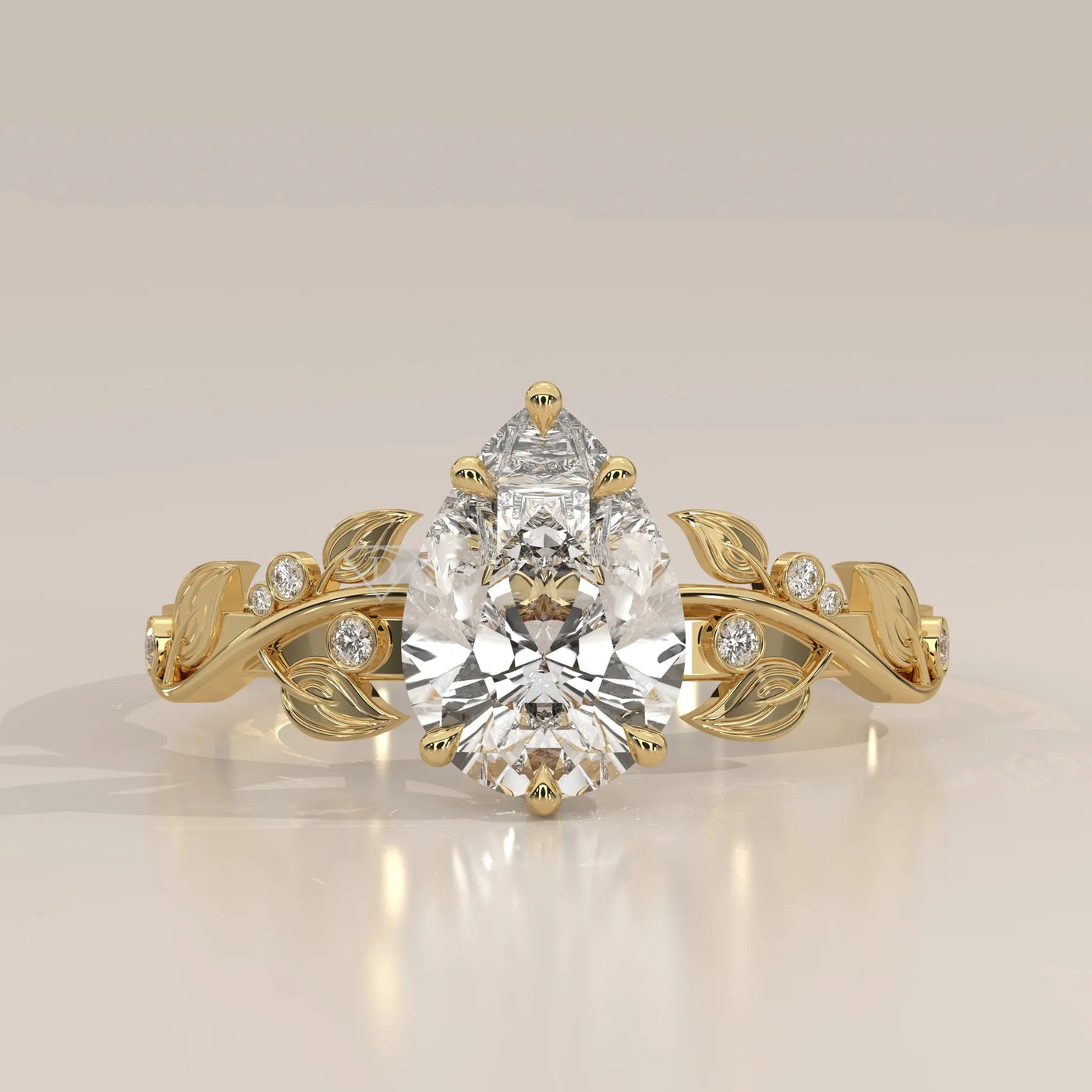 Front View: Pear Diamond Ring with Prong Setting in Yellow Gold – Lab Grown – Driona Jewels