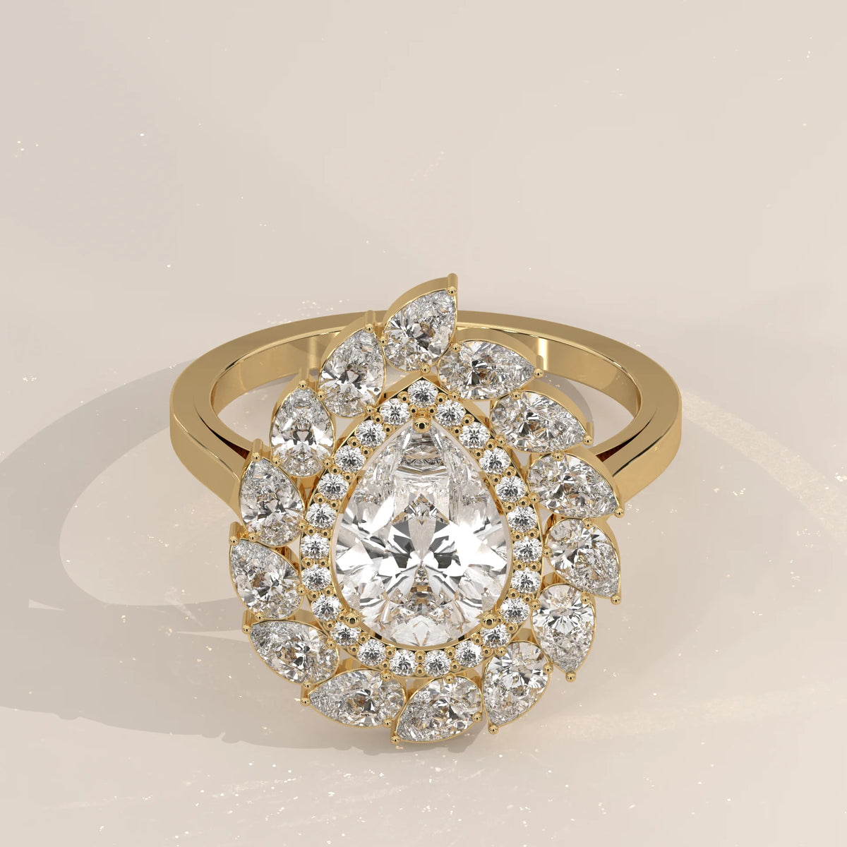 Pear Lab Grown Diamond Double Halo Ring with Pear Petal Outer Frame in yellow gold, shown from the front.