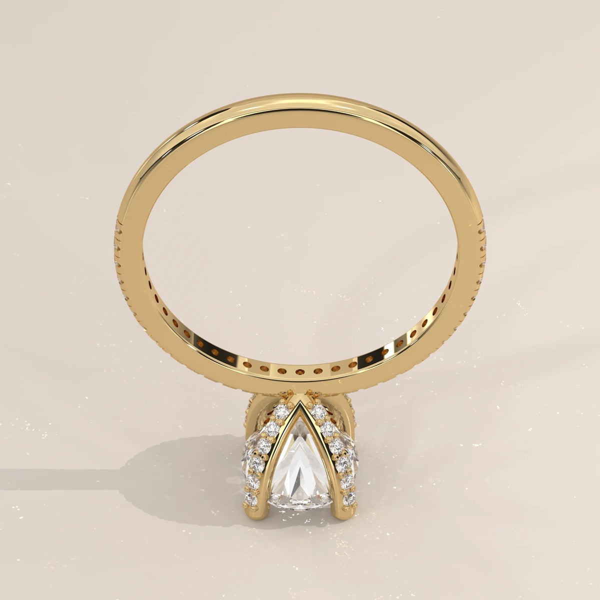 Oval Lab Grown Diamond Pave Band Ring with Hidden Halo in yellow gold, side profile view.