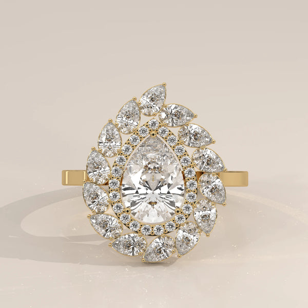 Pear Lab Grown Diamond Double Halo Ring with Pear Petal Outer Frame in yellow gold, photographed head-on.