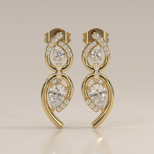 Front View: Pear Diamond Drop Earrings with Prong Setting in Yellow Gold – Lab Grown – Driona Jewels