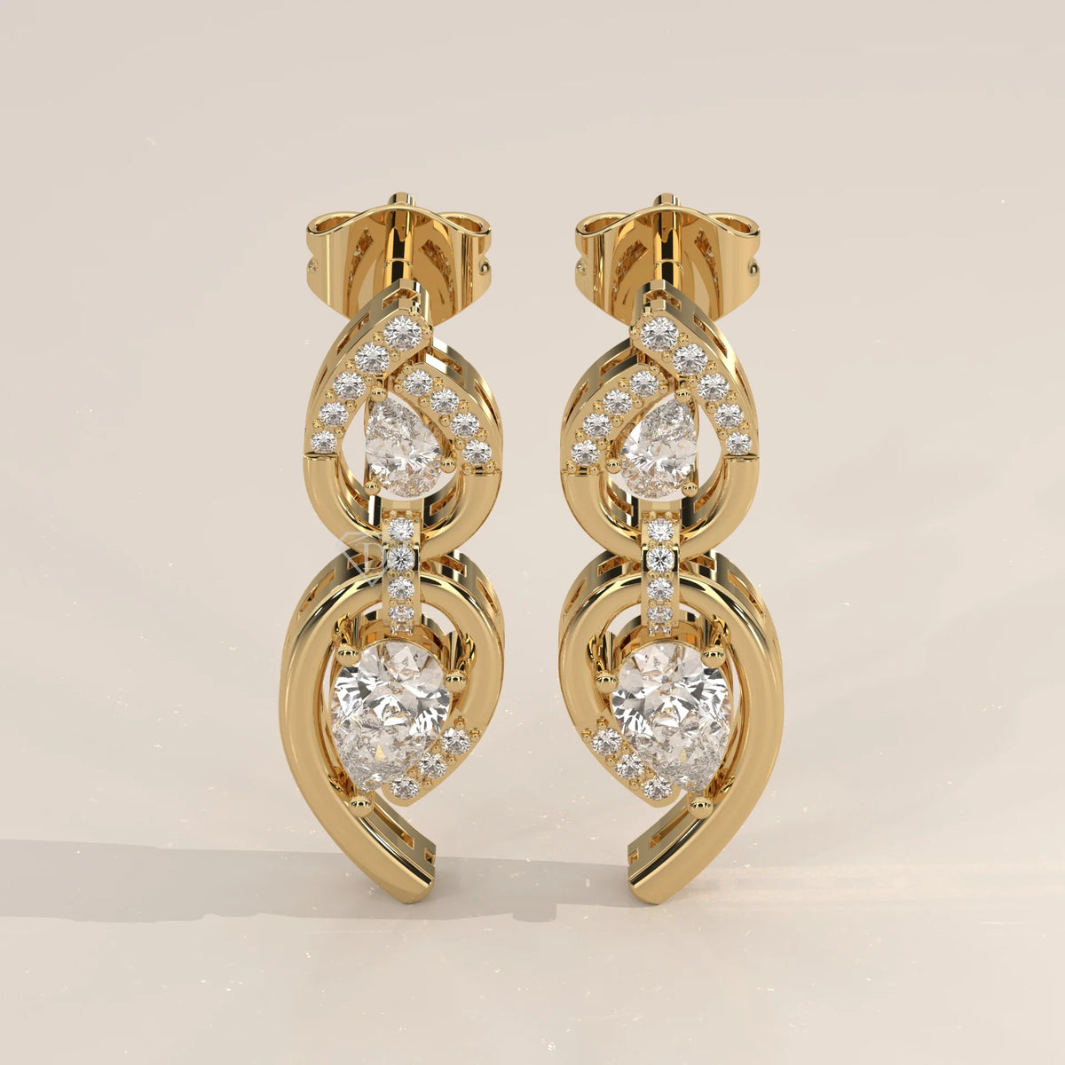 Pair Front View: Pear Diamond Drop Earrings with Prong Setting in Yellow Gold – Lab Grown – Driona Jewels