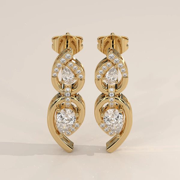 Pair Front View: Pear Diamond Drop Earrings with Prong Setting in Yellow Gold – Lab Grown – Driona Jewels