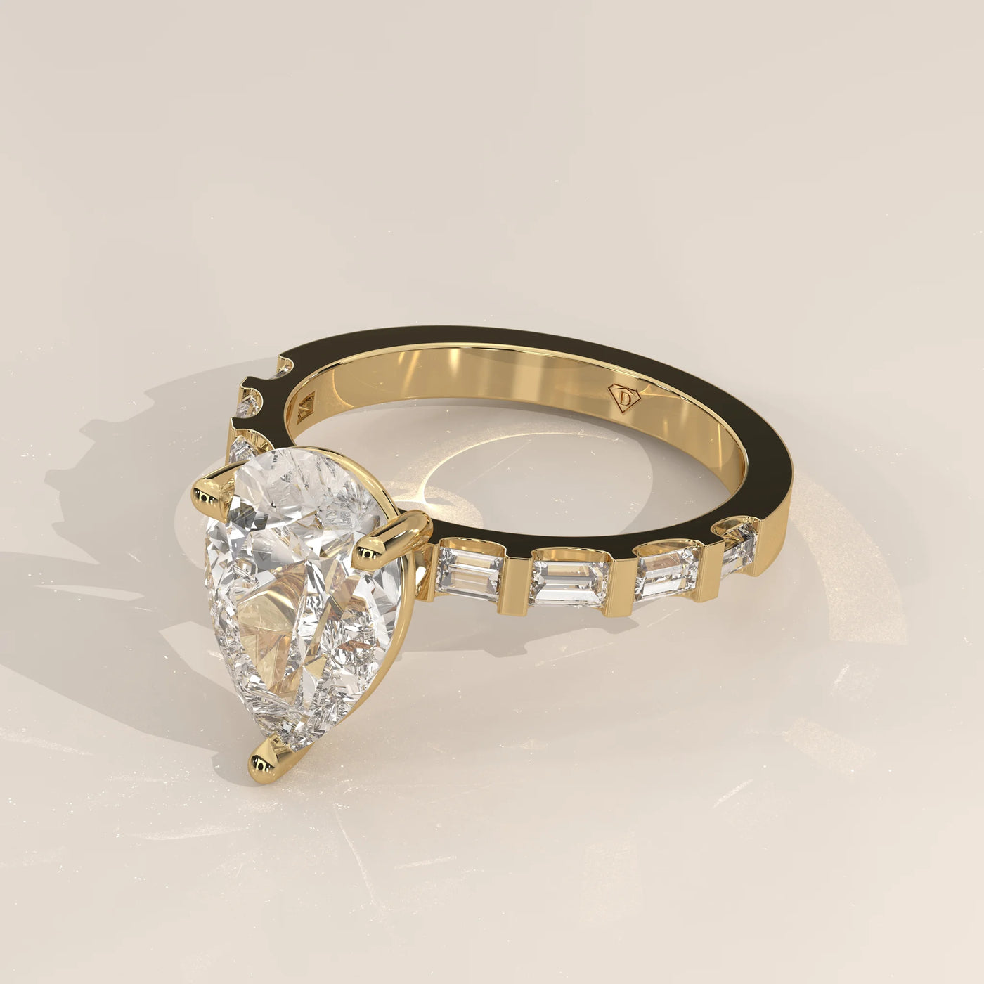 Angle View: Pear Diamond Ring with Prong Setting in Yellow Gold – Lab Grown – Driona Jewels