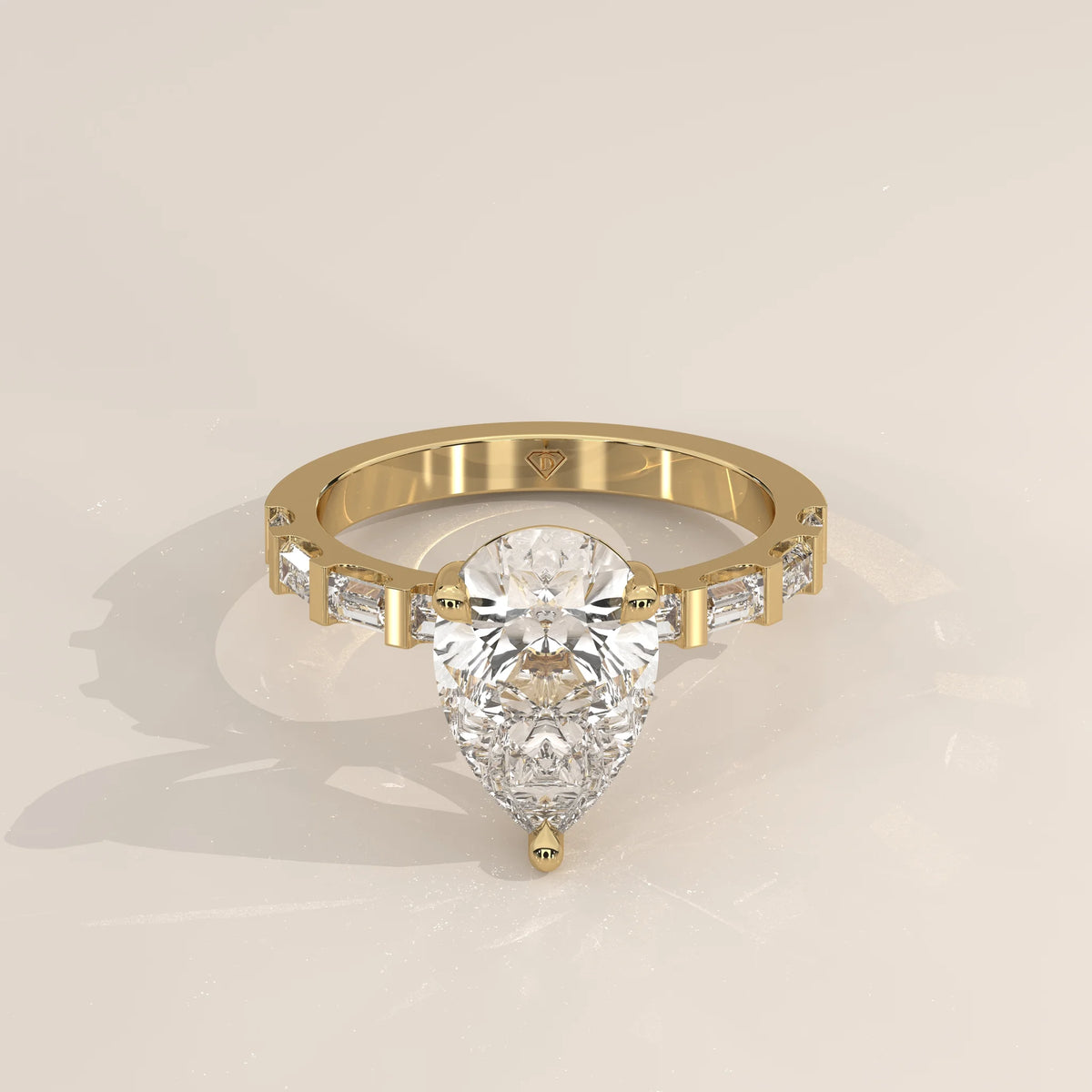 Three-Quarter View: Pear Diamond Ring with Prong Setting in Yellow Gold – Lab Grown – Driona Jewels