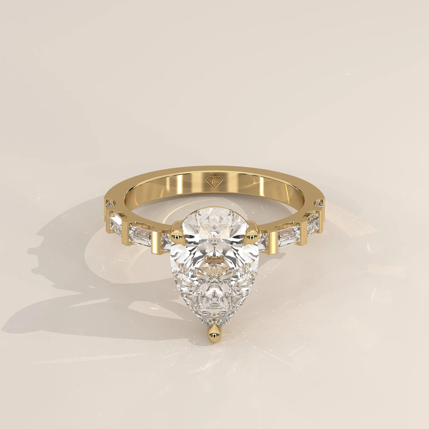 Three-Quarter View: Pear Diamond Ring with Prong Setting in Yellow Gold – Lab Grown – Driona Jewels