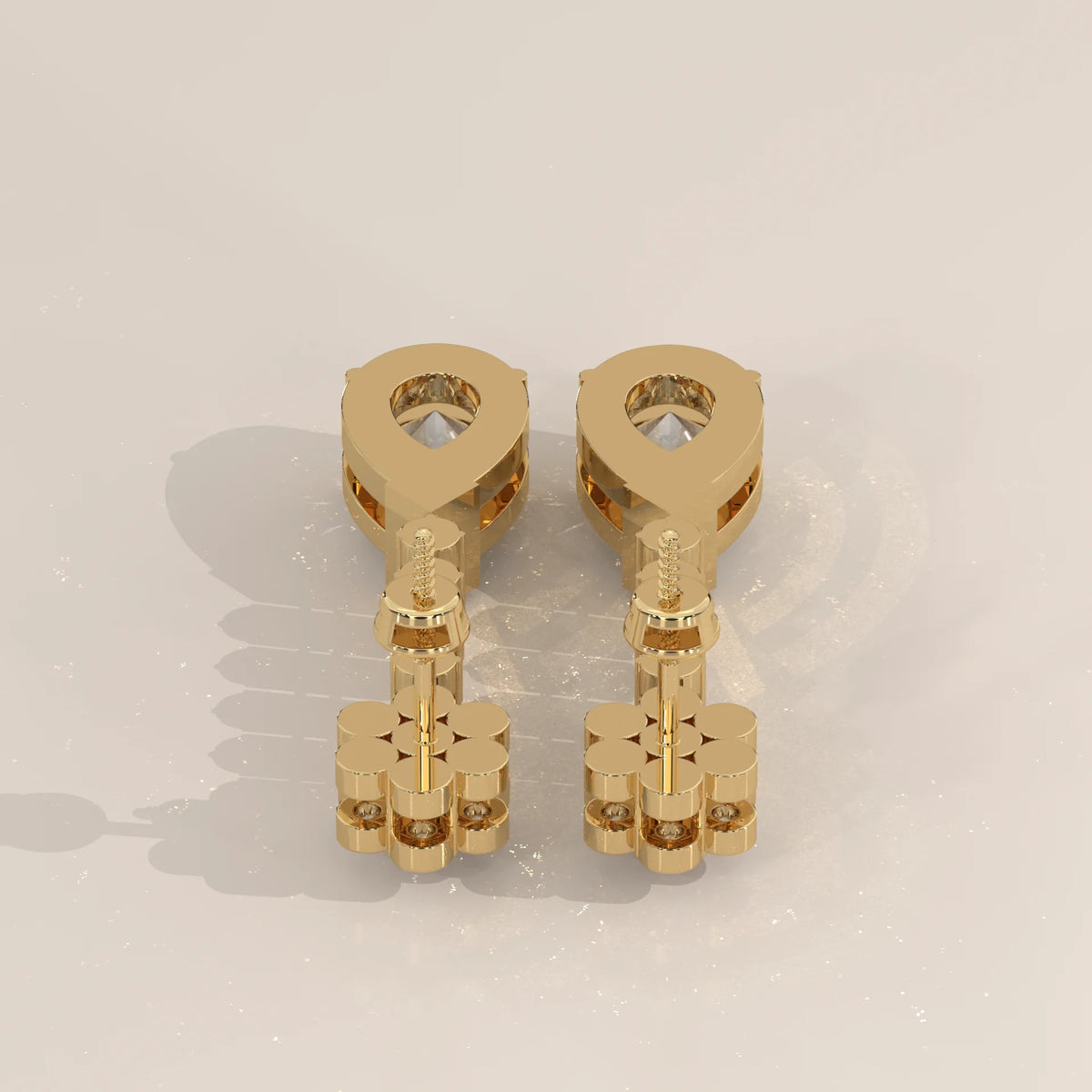 Pear Drop Lab Grown Diamond Earrings with Flower Cluster Top in yellow gold, front view on a plain background.