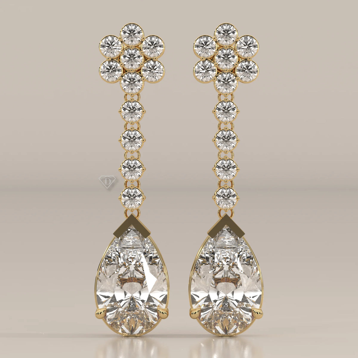 Pear Drop Lab Grown Diamond Earrings with Flower Cluster Top in yellow gold, shown from the front.