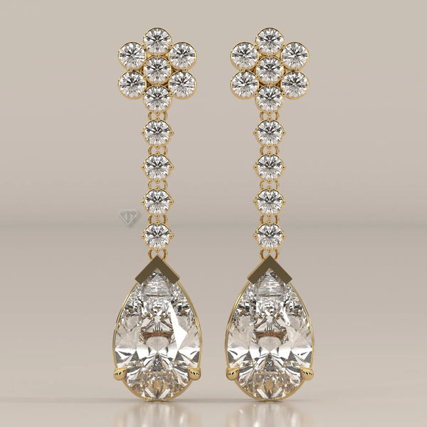 Pear Drop Lab Grown Diamond Earrings with Flower Cluster Top in yellow gold, shown from the front.