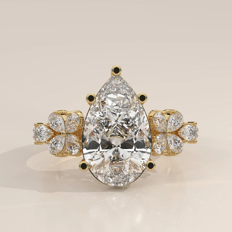 Side Profile: Pear Diamond Engagement Ring with Cluster Setting in Yellow Gold – Lab Grown – Driona Jewels