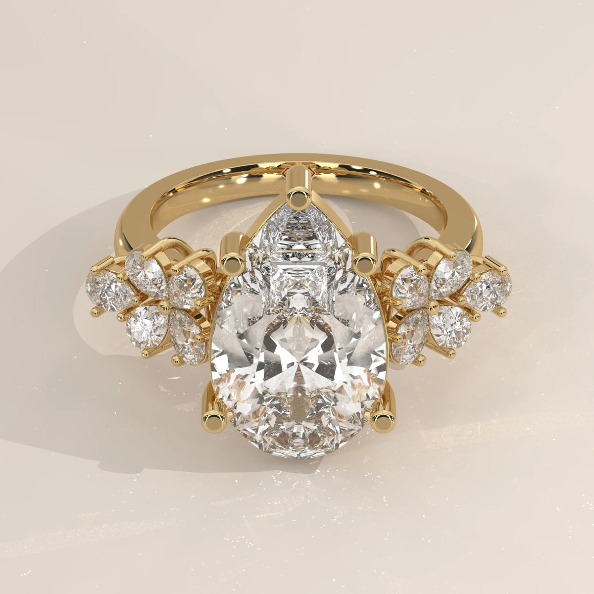 Three-Quarter View: Pear Diamond Engagement Ring with Cluster Setting in Yellow Gold – Lab Grown – Driona Jewels