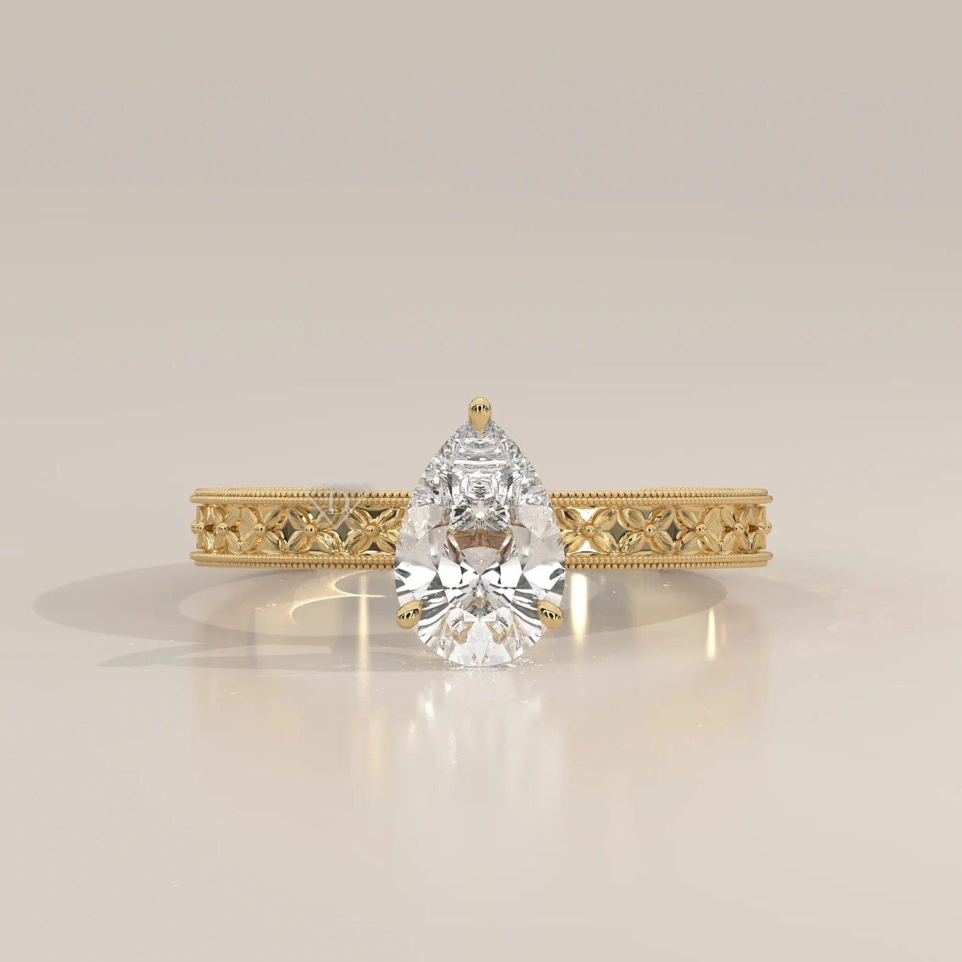 Front View: Pear Diamond Ring with Solitaire Setting in Yellow Gold – Lab Grown – Driona Jewels