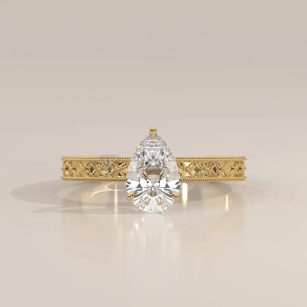 Front View: Pear Diamond Ring with Solitaire Setting in Yellow Gold – Lab Grown – Driona Jewels