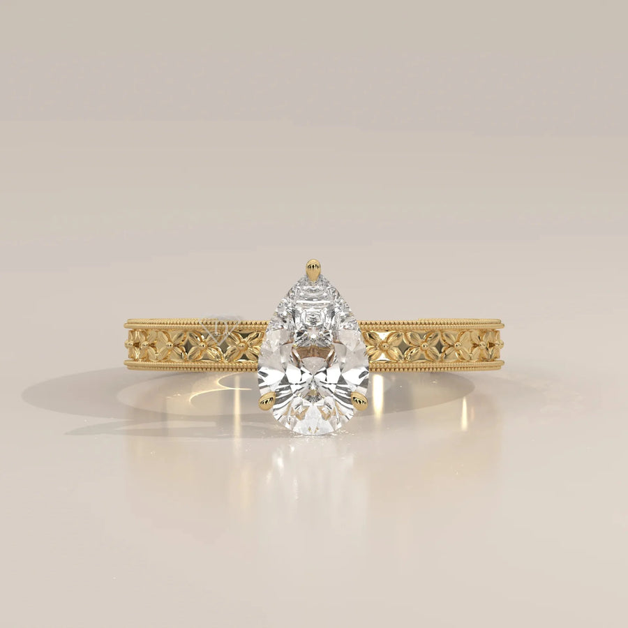 Front View: Pear Diamond Ring with Solitaire Setting in Yellow Gold – Lab Grown – Driona Jewels
