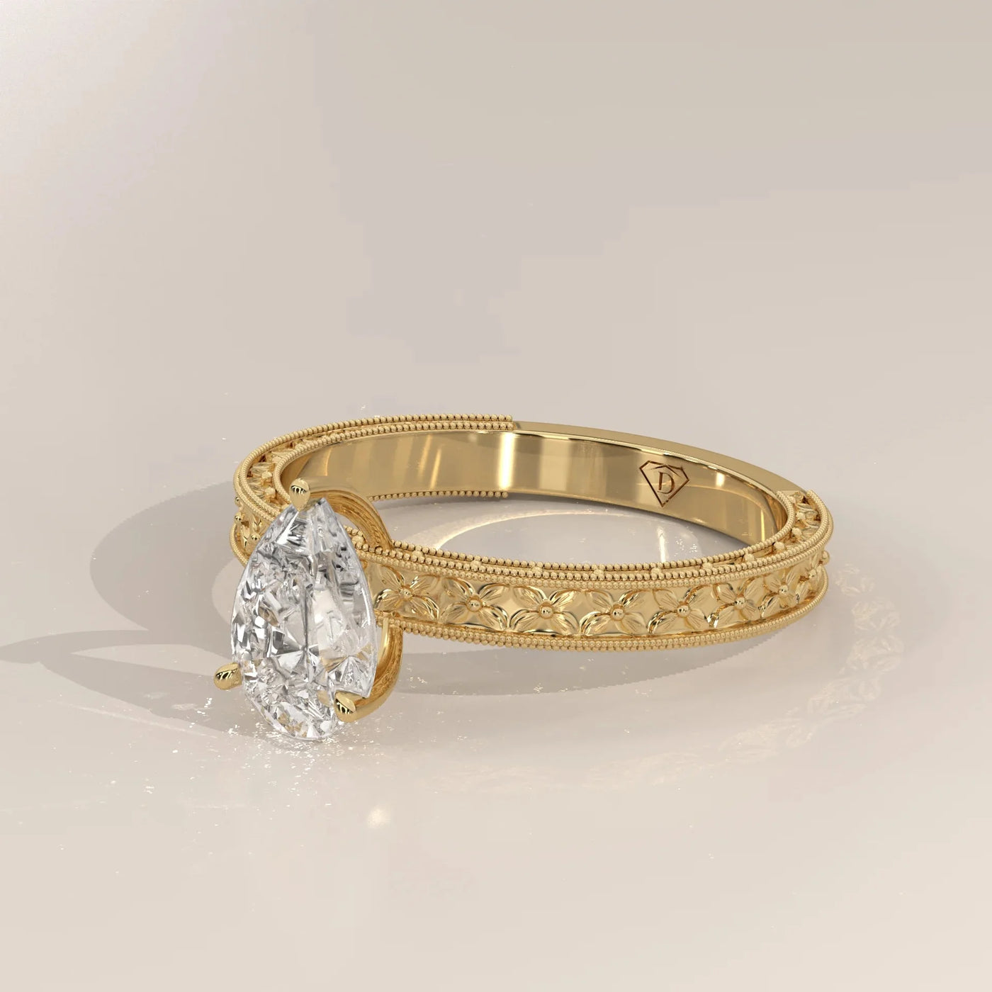 Side Profile: Pear Diamond Ring with Solitaire Setting in Yellow Gold – Lab Grown – Driona Jewels