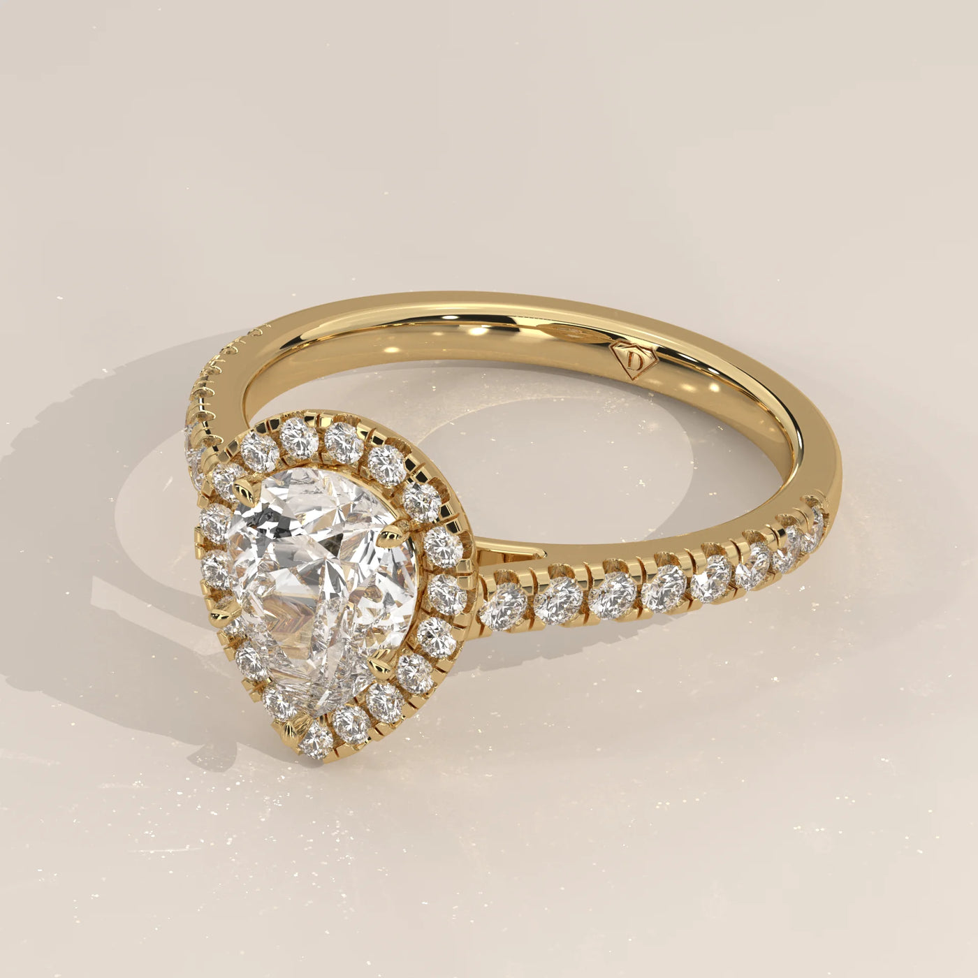 Angle View: Pear Diamond Engagement Ring with Halo Setting in Yellow Gold – Lab Grown – Driona Jewels