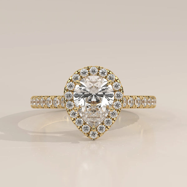 Side Profile: Pear Diamond Engagement Ring with Halo Setting in Yellow Gold – Lab Grown – Driona Jewels