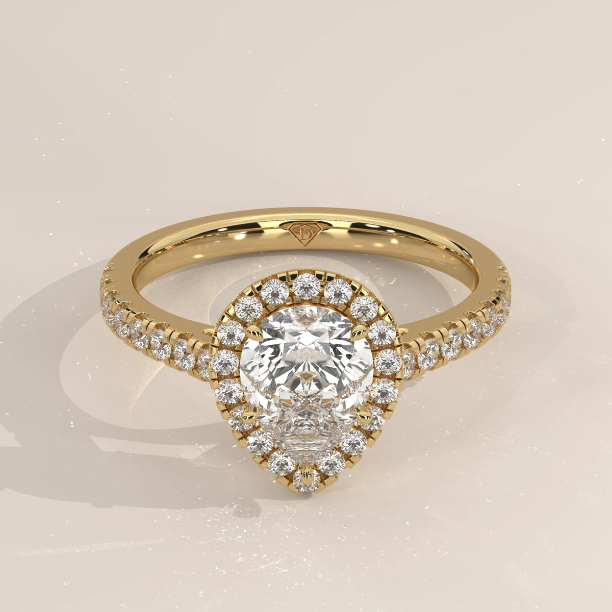 Three-Quarter View: Pear Diamond Engagement Ring with Halo Setting in Yellow Gold – Lab Grown – Driona Jewels