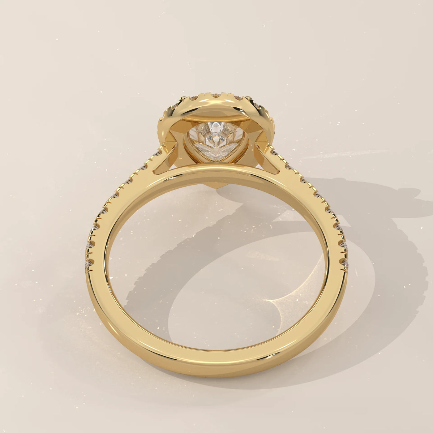 Top View: Pear Diamond Engagement Ring with Halo Setting in Yellow Gold – Lab Grown – Driona Jewels