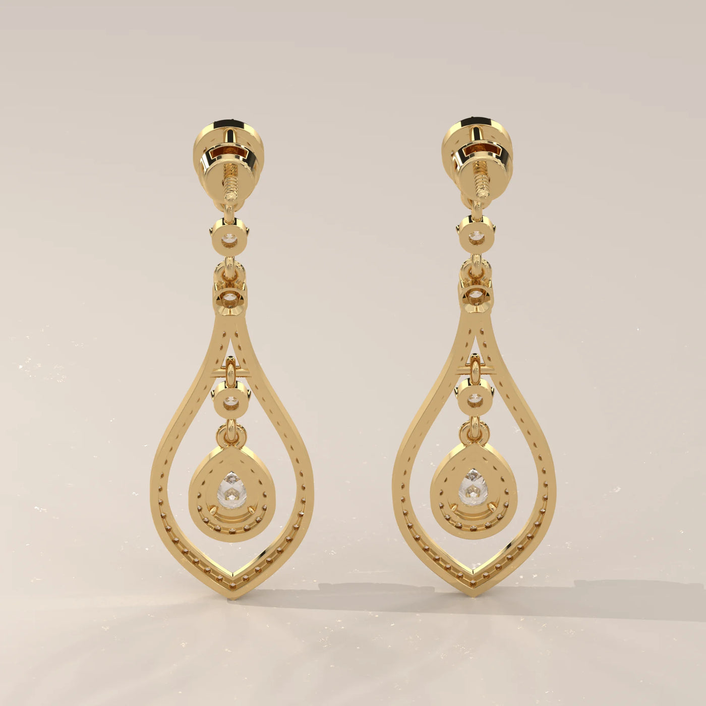Back View: Pear Diamond Drop Earrings with Halo Setting in Yellow Gold – Lab Grown – Driona Jewels