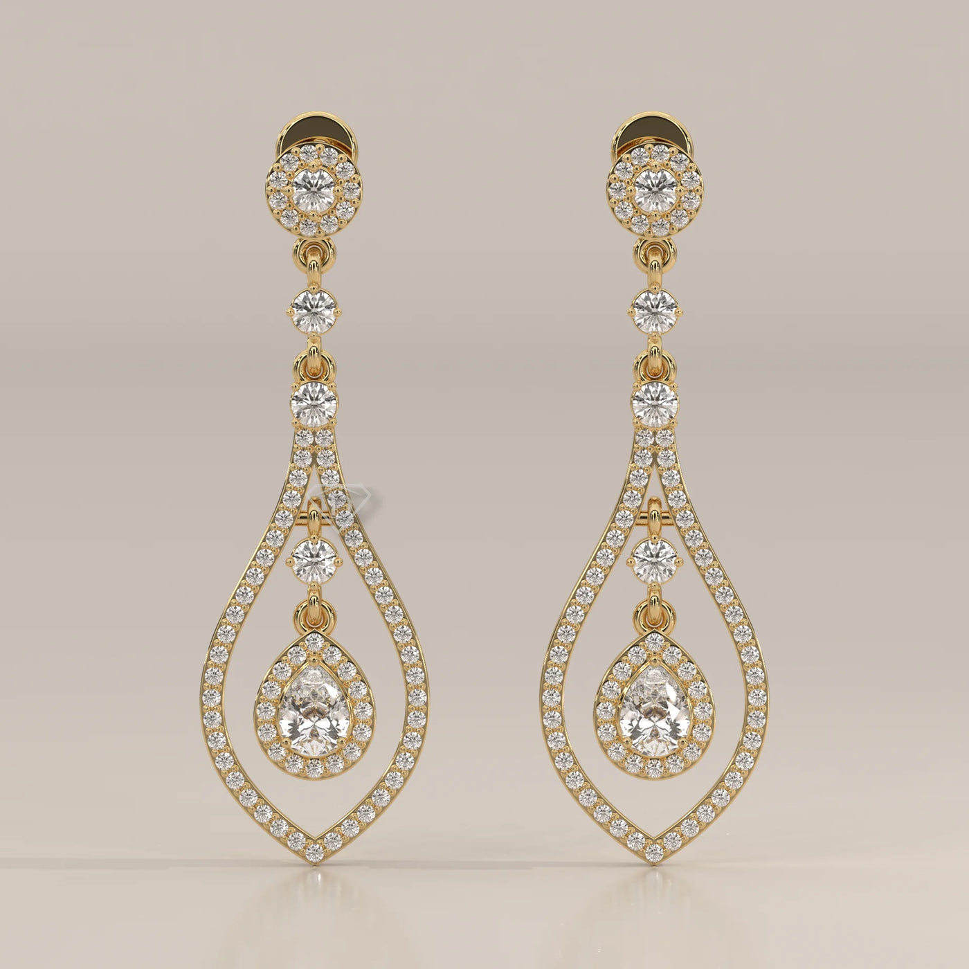 Front View: Pear Diamond Drop Earrings with Halo Setting in Yellow Gold – Lab Grown – Driona Jewels