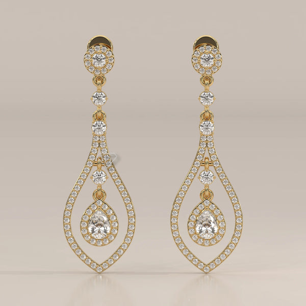 Front View: Pear Diamond Drop Earrings with Halo Setting in Yellow Gold – Lab Grown – Driona Jewels