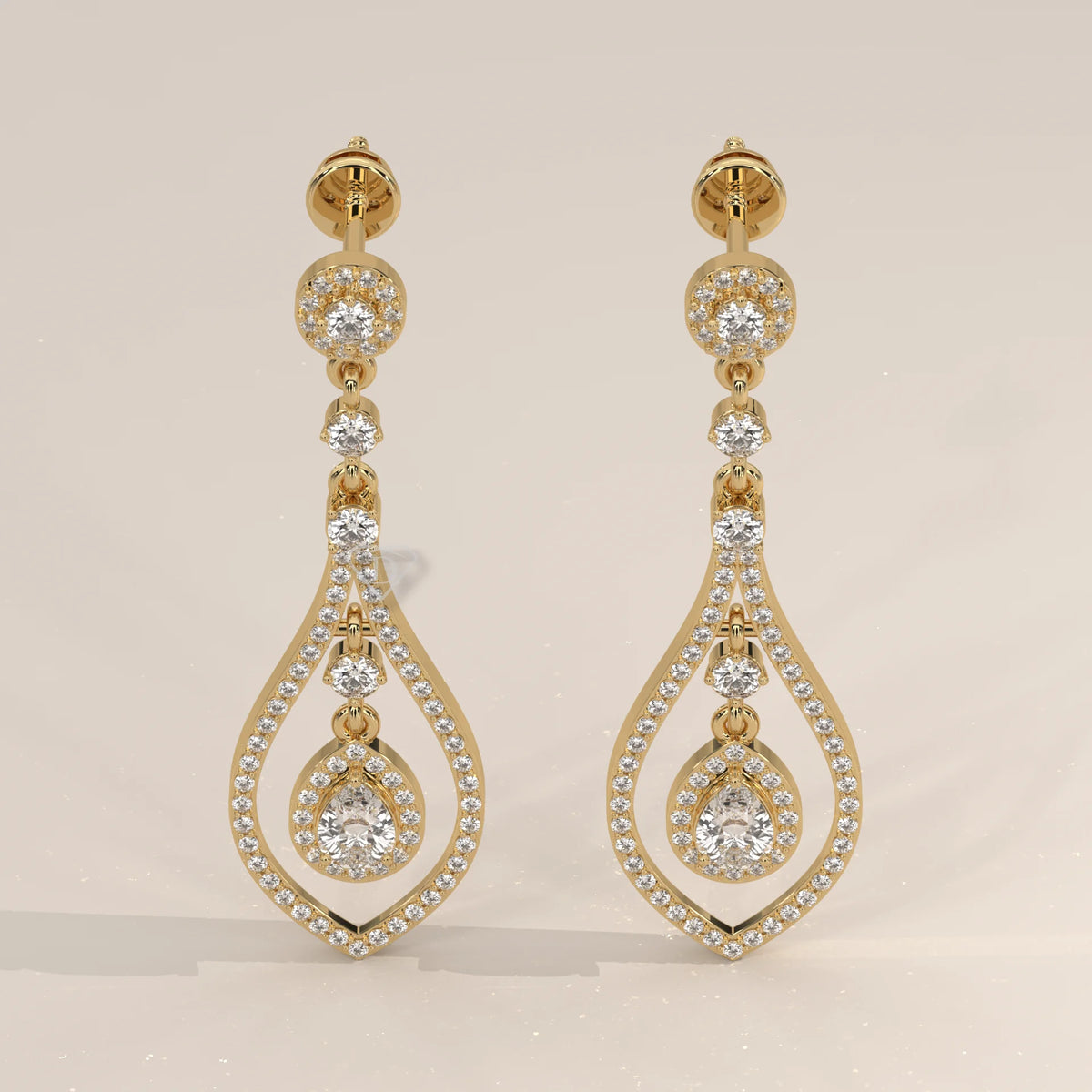 Pair Front View: Pear Diamond Drop Earrings with Halo Setting in Yellow Gold – Lab Grown – Driona Jewels