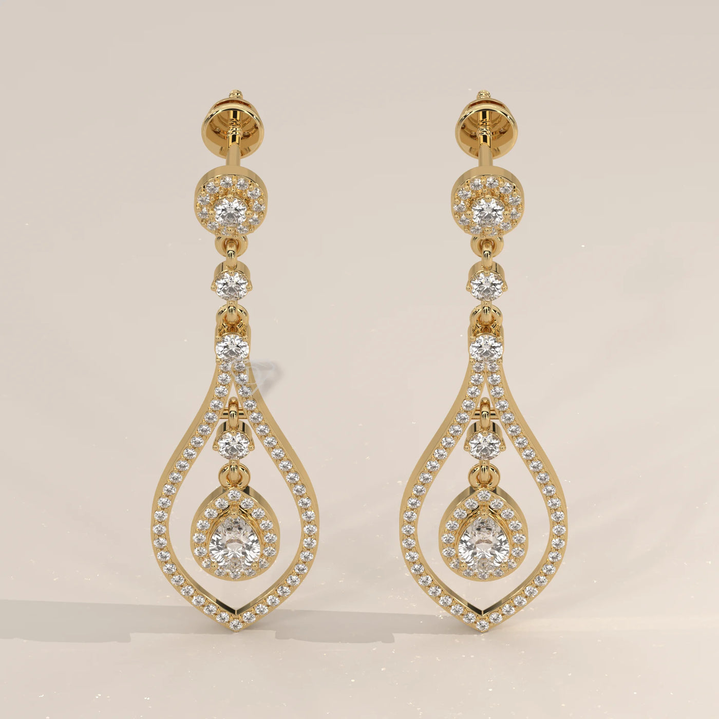Pair Front View: Pear Diamond Drop Earrings with Halo Setting in Yellow Gold – Lab Grown – Driona Jewels