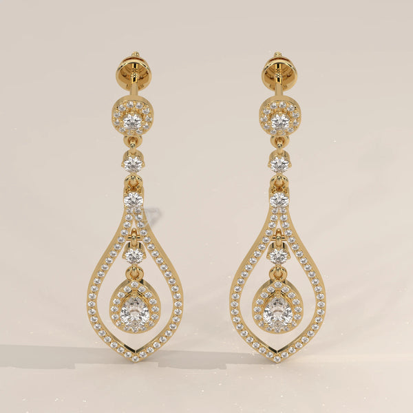 Pair Front View: Pear Diamond Drop Earrings with Halo Setting in Yellow Gold – Lab Grown – Driona Jewels