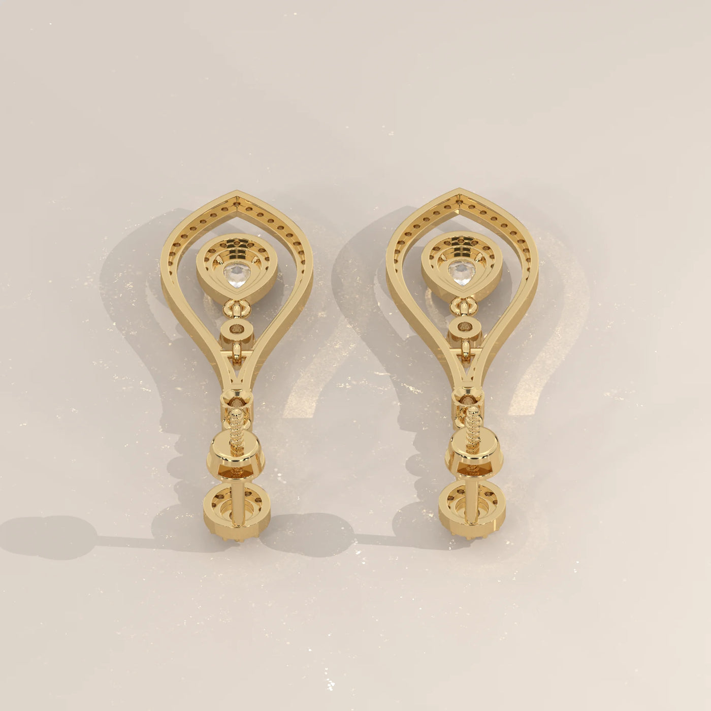 Side Profile: Pear Diamond Drop Earrings with Halo Setting in Yellow Gold – Lab Grown – Driona Jewels