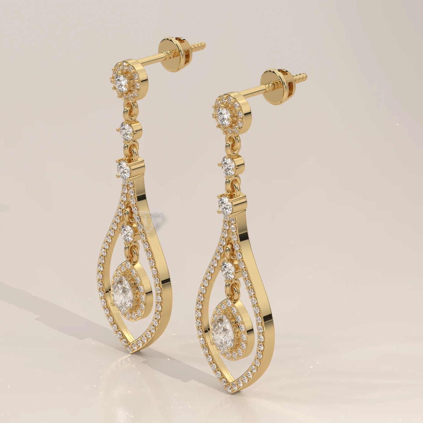 Three-Quarter View: Pear Diamond Drop Earrings with Halo Setting in Yellow Gold – Lab Grown – Driona Jewels